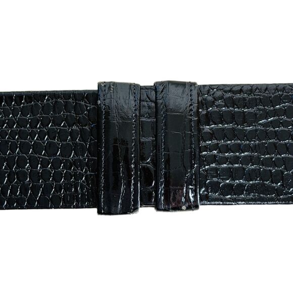 VTG Alexis Kirk Black Leather Belt Alligator Crocodile Embossed Shiny Big Buckle main image 4